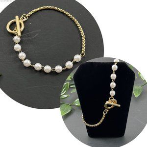 Gold Pearl Beaded Link & Chain Bracelet NEW
